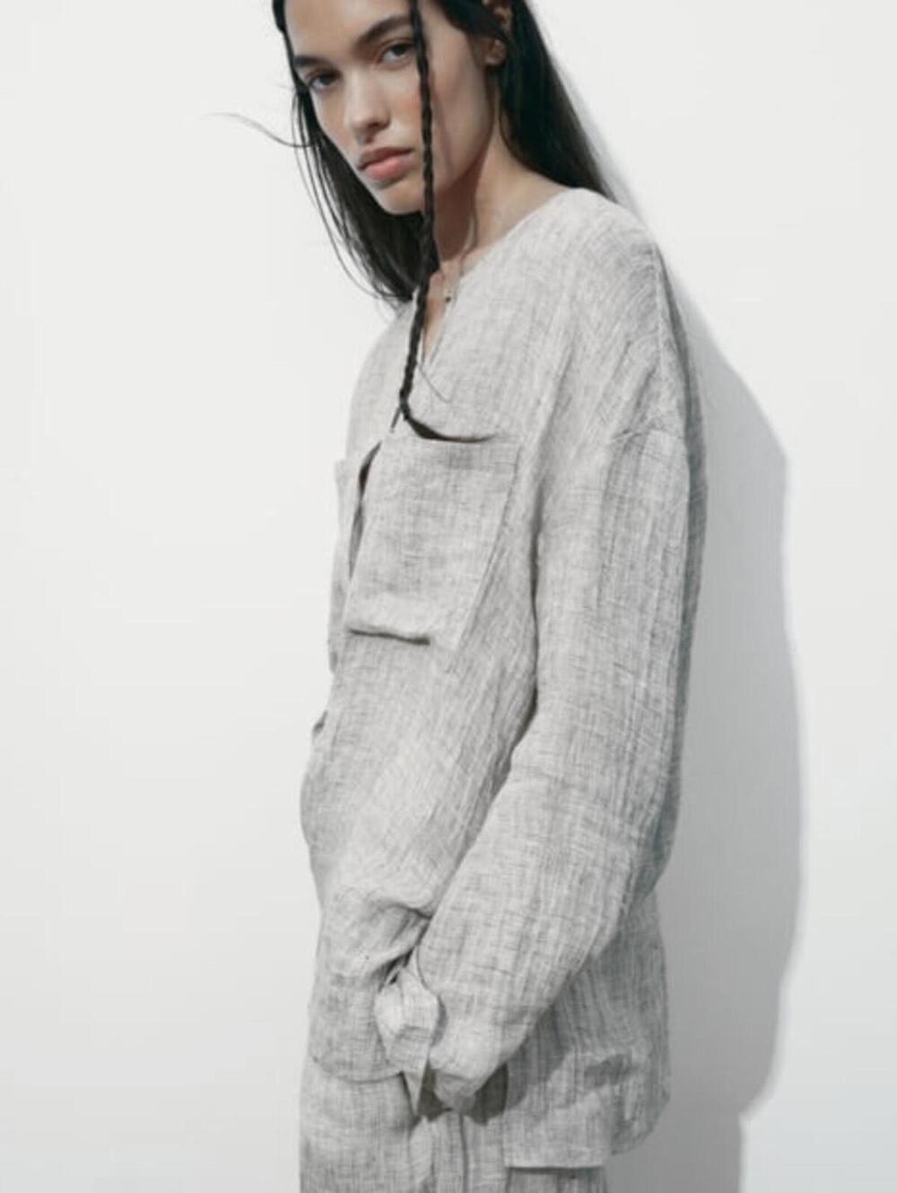 ZARA Oversized 100% Linen Pocket Top - Picture 5 of 5